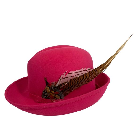 VTG Excello Hot Pink Wool Fedora Bowler Hat w/ Feather USA Bollman Mr. John - Picture 2 of 9
